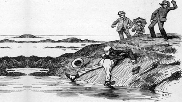 Comic drawing of a man who has fallen into a rock pool