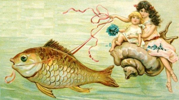 Strange sea-child riding a conch being pulled by a fish