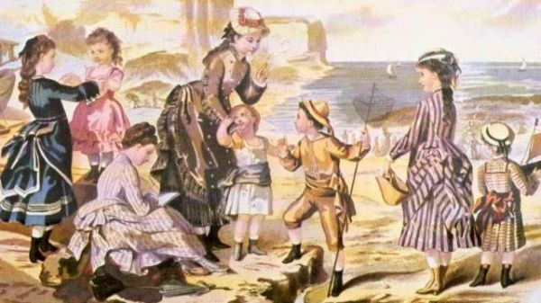 Victorian image of children at the sea with adults