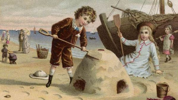 Victorian image of children making sand castles with wooden buckets and spades