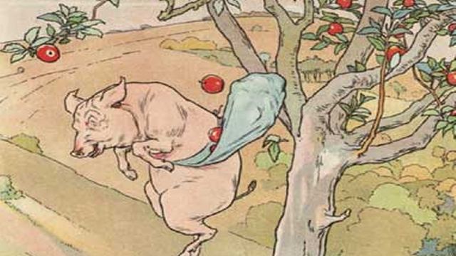 Pig In Apple Tree Throwing Apples Illustrated By L. Leslie Brooke